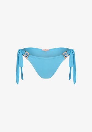 Helles blaues Bikini-Unterteil mit Bindebändern an den Seiten, verziert mit dekorativer goldener Hardware und blauen Edelsteinen. Glattes, dehnbares Material.