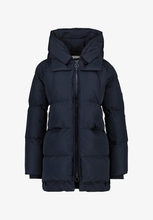 Marineblauwe gewatteerde jas met een hoge kraag, voorrits, twee zijzakken en geribbelde manchetten. Zachte, gladde textuur met blokpatroon.