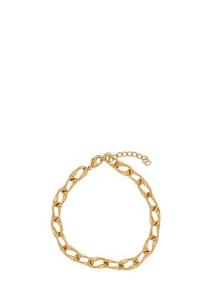 Bracelet chaîne couleur or avec de gros maillons et un fermoir mousqueton, incluant une chaînette d'extension ajustable.