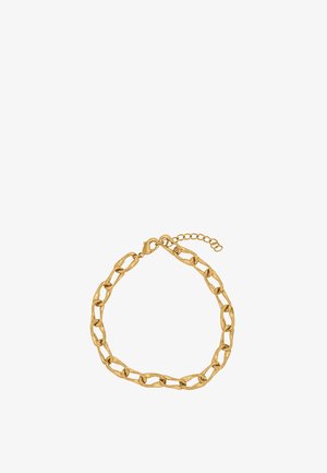 Bracelet chaîne couleur or avec de gros maillons et un fermoir mousqueton, incluant une chaînette d'extension ajustable.