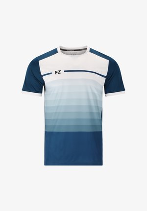 Kortærmet sports T-shirt i nuancer af blå, der overgår fra lys til mørk. Har hvide detaljer og et minimalt logo på brystet.