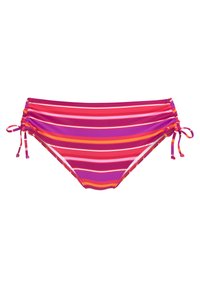 Bikini apatiniai su horizontaliomis juostelėmis rožinės, violetinės ir oranžinės spalvų tonais. Savybės - reguliuojamos juostos šonuose ir susiraukšlėjimo detalės.