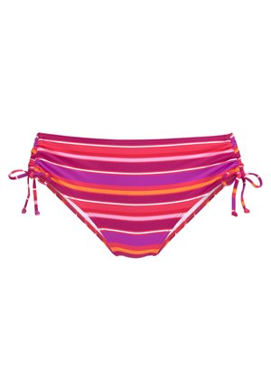 Bikini dno s horizontalnimi črtami v roza, vijolični in oranžni odtenkih. Ima nastavljive vezi na straneh in nabran detajl.