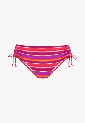Bikini slip met horizontale strepen in roze, paars en oranje tinten. Voorzien van verstelbare strikjes aan de zijkanten en geplooide details.