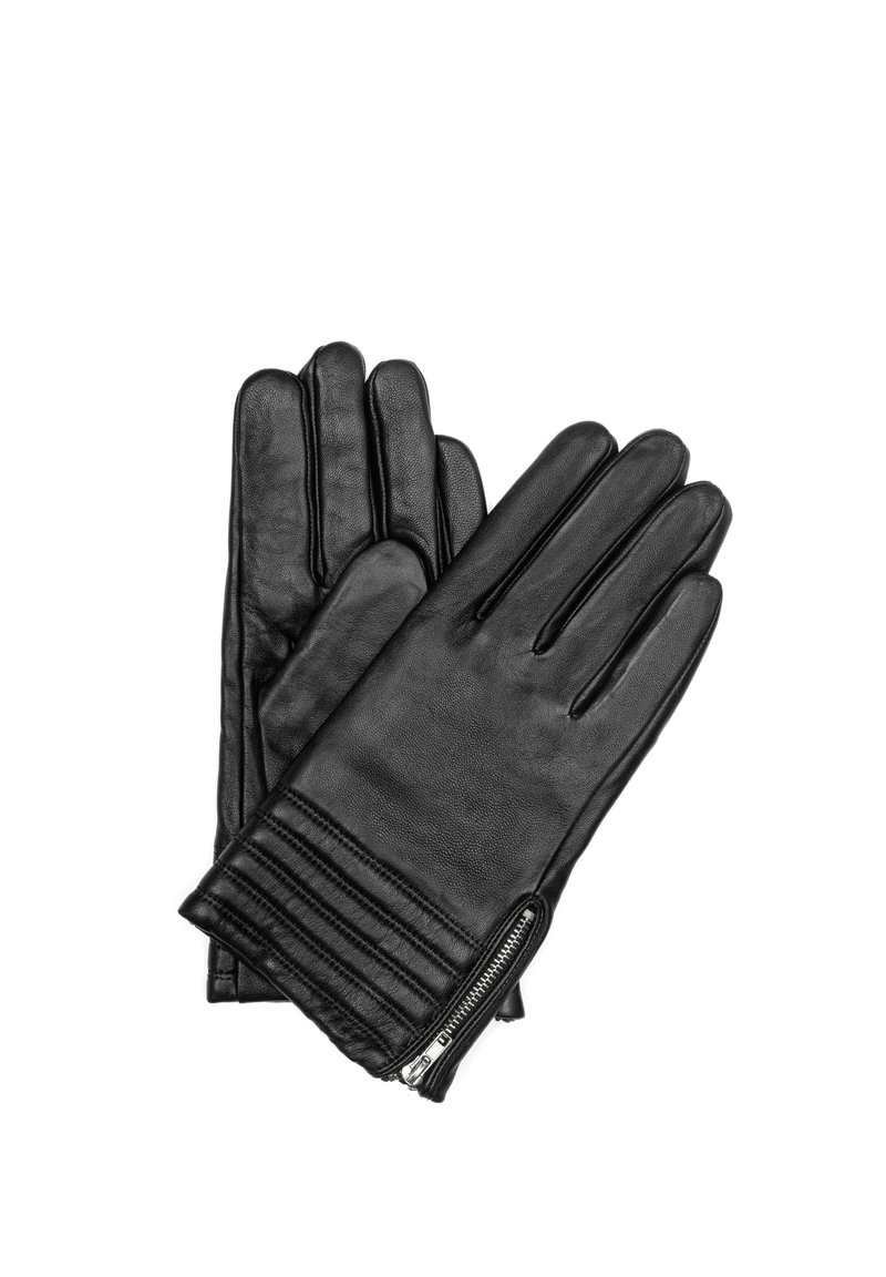 Czarne skórzane rękawiczki o gładkiej fakturze, z zapięciem na zamek i żebrowanym wykończeniem w okolicy nadgarstka. Wzór z pięcioma palcami.