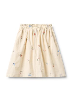 Sukňa krémovej farby s elastickým pásom, roztrúsený malý kvetinový vzor v červenej, modrej a zelenej farbe, vyrobená z ľahkej látky.