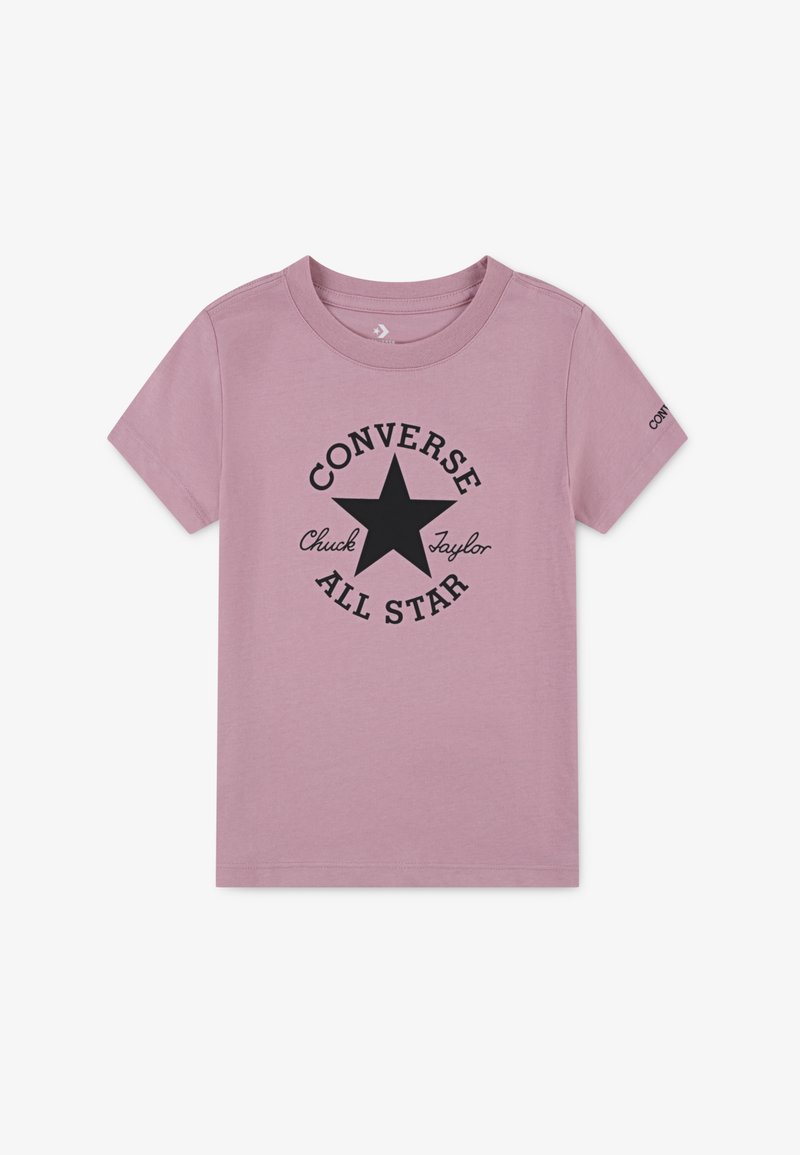 Różowy bawełniany t-shirt z czarną grafiką gwiazdy i napisem „Converse Chuck Taylor All Star” w okrągłym wzorze. Krótkie rękawy.