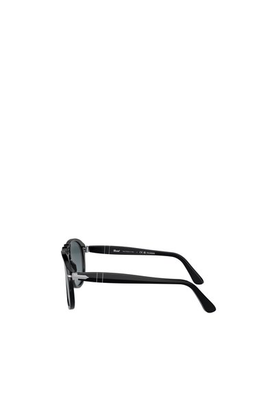 Sorte polariserede solbriller med runde linser, tykke sorte stel og diskrete sølvakcenter på stængerne. Glat tekstur med et slankt design.