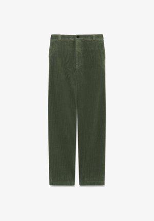 Pantaloni din catifea groasă de culoare verde măslin, cu un design drept, închidere cu nasture și două buzunare frontale, având o suprafață moale și texturată.