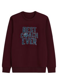 Mörkröd sweatshirt med ribbade manschetter och halsringning. Har stor text "BÄSTA COACHEN NÅGONSIN" i blått och en basketbollgrafik i mitten.