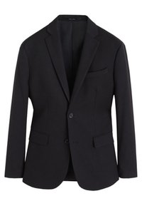 Blazer noir en tissu lisse, avec un col cranté, deux poches avant, une poche poitrine et un fermoir à un bouton.
