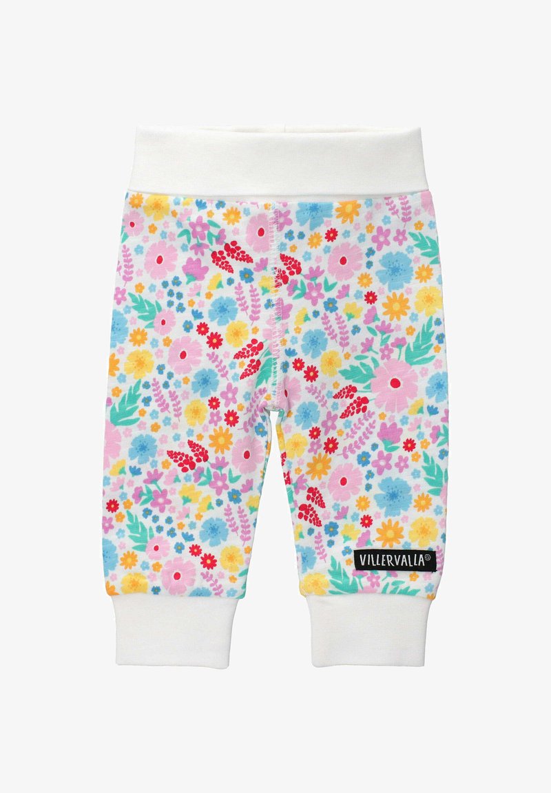 Bawełniane spodnie z białym prążkowanym paskiem i mankietami, zdobione kolorowym kwiatowym wzorem w odcieniach różu, żółci, niebieskiego i zielonego.