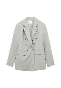 Grijze dubbele blazer met een getextureerd patroon, gevoerde schouders, geknipte revers en twee voorkeurszakken. Voorzien van metalen knopen.