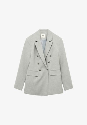 Grijze dubbele blazer met een getextureerd patroon, gevoerde schouders, geknipte revers en twee voorkeurszakken. Voorzien van metalen knopen.