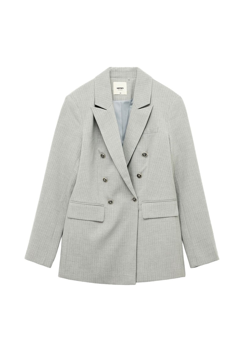 Grijze dubbele blazer met een getextureerd patroon, gevoerde schouders, geknipte revers en twee voorkeurszakken. Voorzien van metalen knopen.