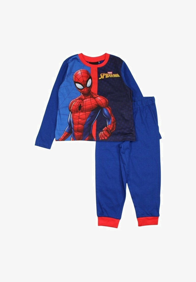 Ensemble de pyjama aux thèmes de Spiderman comprenant un haut à manches longues avec un design bleu et rouge, et un pantalon bleu assorti avec des accents rouges aux poignets.