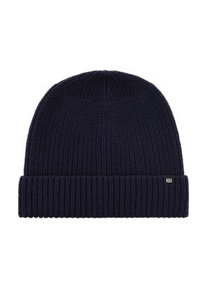 Granatowy dzianinowy czapka z ribbowym splotem i podwiniętym mankietem. Posiada małą metkę z logo marki po boku.