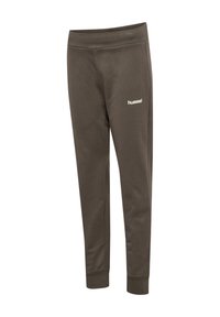 Pantalon de jogging marron au design ajusté, taille élastique et logo Hummel en blanc. Texture lisse avec des poignets aux chevilles.