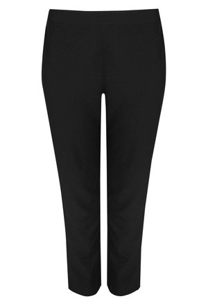 Sorte bukser med lige ben design, der har en glat tekstur og en elastisk talje, velegnet til både afslappet og formelt brug.