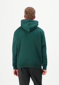 Green hoodie with a front kangaroo pocket, drawstring hood, and ribbed cuffs. Fabric appears soft and slightly textured.