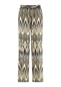 Wide-leg pants in a black, beige, and white zigzag pattern; elastic waistband; made of a smooth, lightweight fabric.