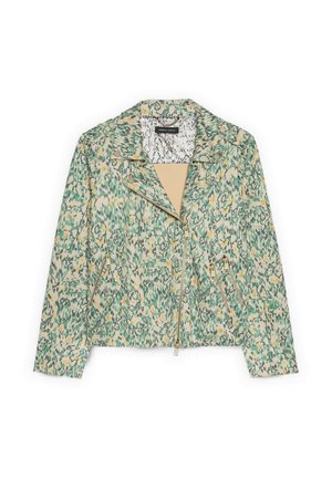 Zeleno-béžová zipová bunda s květinovým vzorem, klopovým límcem a předními kapsami na zip, rozložená na bílém pozadí.