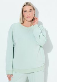 Sudadera verde claro con mangas largas y escote redondeado. Textura de tela suave con acentos de puños y dobladillo acanalados.