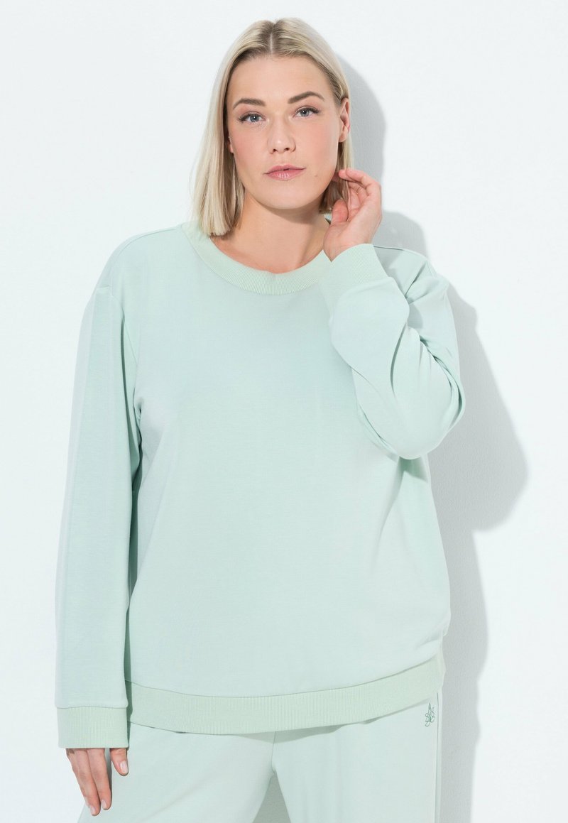 Sudadera verde claro con mangas largas y escote redondeado. Textura de tela suave con acentos de puños y dobladillo acanalados.