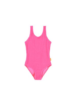 Ροζ ολόσωμο μαγιώ με ραβδωτή υφή, στρογγυλή λαιμόκοψη και φαρδιές τιράντες. Διαθέτει ψηλή κοπή στο πόδι και μια μικρή πορτοκαλί ετικέτα στο πλάι.