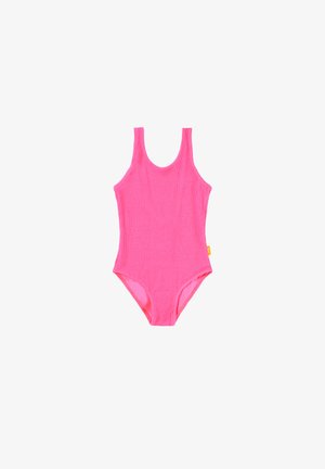 Rosa badedrakt med ribbestruktur, scoop neckline og brede stropper. Har høy skjæring på beinet og en liten oransje merkelapp på siden.