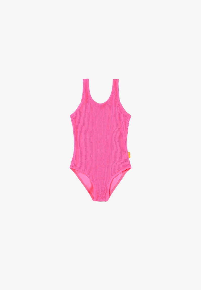 Ροζ ολόσωμο μαγιώ με ραβδωτή υφή, στρογγυλή λαιμόκοψη και φαρδιές τιράντες. Διαθέτει ψηλή κοπή στο πόδι και μια μικρή πορτοκαλί ετικέτα στο πλάι.