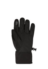 Zwarte winterhandschoen van gestructureerd nylon met gewrichtsvingers, een soepele leren punt en een riem voor een veilige pasvorm om de pols.
