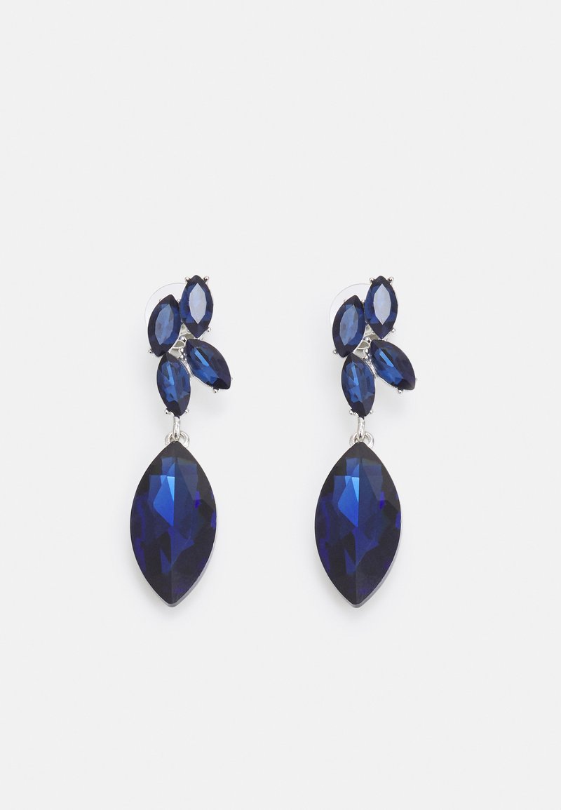 Dark blue faceted crystal earrings with a marquise shape, featuring a cluster of smaller blue stones at the top and silver-tone hardware.