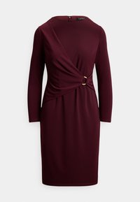 Vīna sarkanas krāsas kleita ar garām piedurknēm, iesaiņojuma dizains un zelta akcenta gredzens viduklī. Gluda auduma ar piegulošu siluetu.