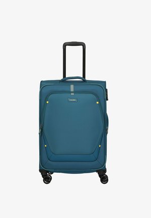 Teal suitcase with a textured fabric surface, featuring a retractable handle, four wheels, and yellow accent details. Zippered main compartment.