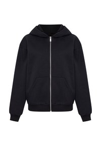 Sudadera con cremallera negra, con dobladillo acanalado, mangas largas y dos bolsillos frontales. Fabricada con un material suave y de textura lisa.