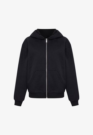 Felpa nera con zip, orlo a coste, maniche lunghe e due tasche frontali. Realizzata in un materiale morbido con una superficie liscia.