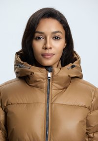 Doudoune marron avec col montant, fermeture éclair à l'avant et capuche réglable par cordon. Texture lisse avec des sections rembourrées pour l'isolation.