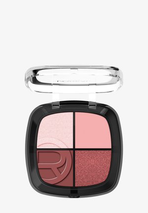 Palette compacte de fards à paupières avec quatre nuances : blanc nacré, rose clair mat, mauve mat avec logo embossé et rose pailleté.