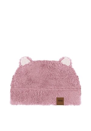 Rosa, pelzige Mütze mit weißen Stoffohren, ausgestattet mit einem dicken, strukturierten Material und einem braunen Etikett an der Seite.