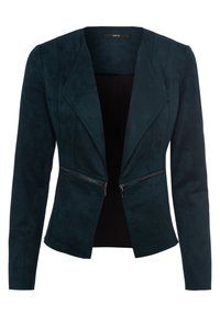 Jas van imitatiesuède in blauwgroen met een aansluitend ontwerp, voorzakken met rits en een gestructureerde kraag. Gladde textuur, lange mouwen en geen zichtbare sluiting.