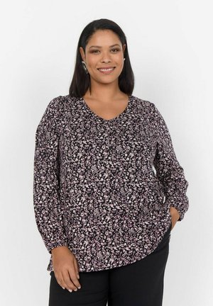Svart blus med rosa blommönster, V-ringad hals, långa ärmar och draperade detaljer. Mjuk tyg med en avslappnad passform.