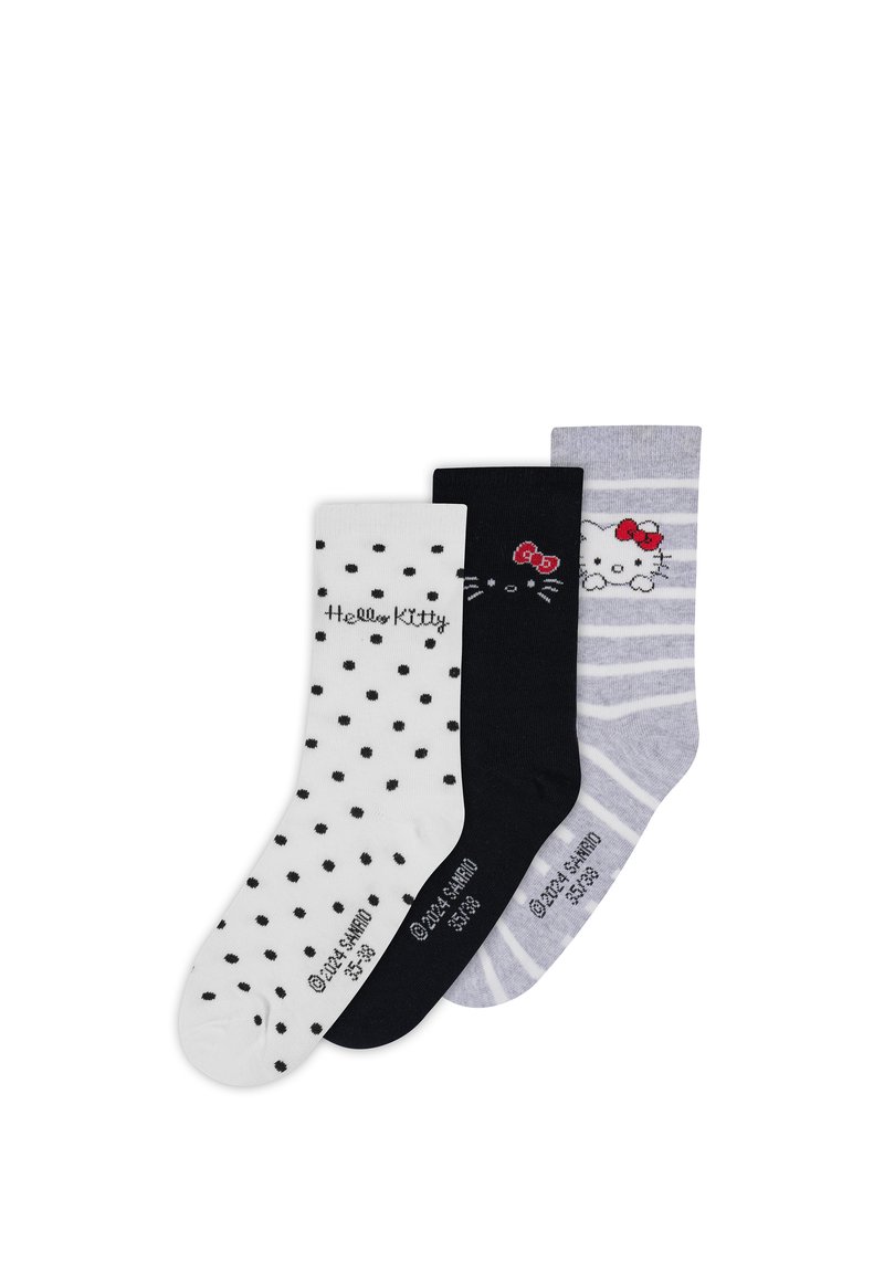 Tres pares de calcetines de algodón: blancos con lunares negros, negros con la cara de Hello Kitty y rayados grises con Hello Kitty.