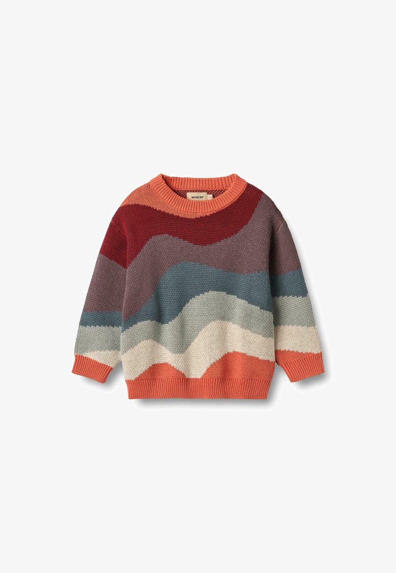 Maglione lavorato a maglia con un design a onde multicolori in rosso, arancione, grigio, teal e crema; scollatura rotonda; polsini e orlo a coste.