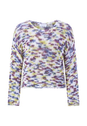 Spalvotas megztinis su ilgomis rankovėmis, išraiškingu raštu violetinės, žalios ir mėlynos spalvų derinyje ant balto fono. Trumpintas dizainas.