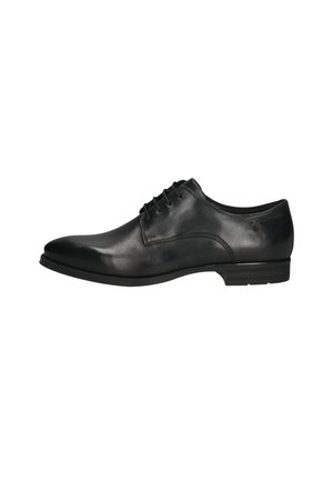 Schwarze Lederschuhe mit glatter Oberfläche, runder Zehenform, Schnürdesign und einer flachen Gummisohle. Minimale Nähdetails.