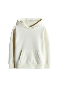 Sudadera blanca con capucha, bolsillo frontal, mangas largas y puños y bajo acanalados. Tejido suave con una textura lisa.