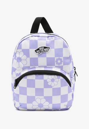 Zainetto piccolo con motivo a scacchi viola e bianco, fiori bianchi, cerniera nera, manico nero e toppa con il logo "Off The Wall" di Vans.