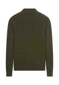 Sweter kardigan w ciemnozielonym kolorze, z teksturowaną powierzchnią, długimi rękawami i prążkowanym dołem. Bez widocznych zapięć ani wzorów.