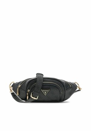 Sac banane noir Guess avec fermetures éclair dorées, sangle ajustable et plaque logo triangulaire sur la poche avant.